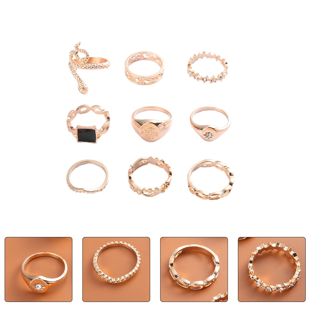 9pcs Bohemian Finger Ring Unique Alloy Opening Ring Finger Jewelries (Golden)