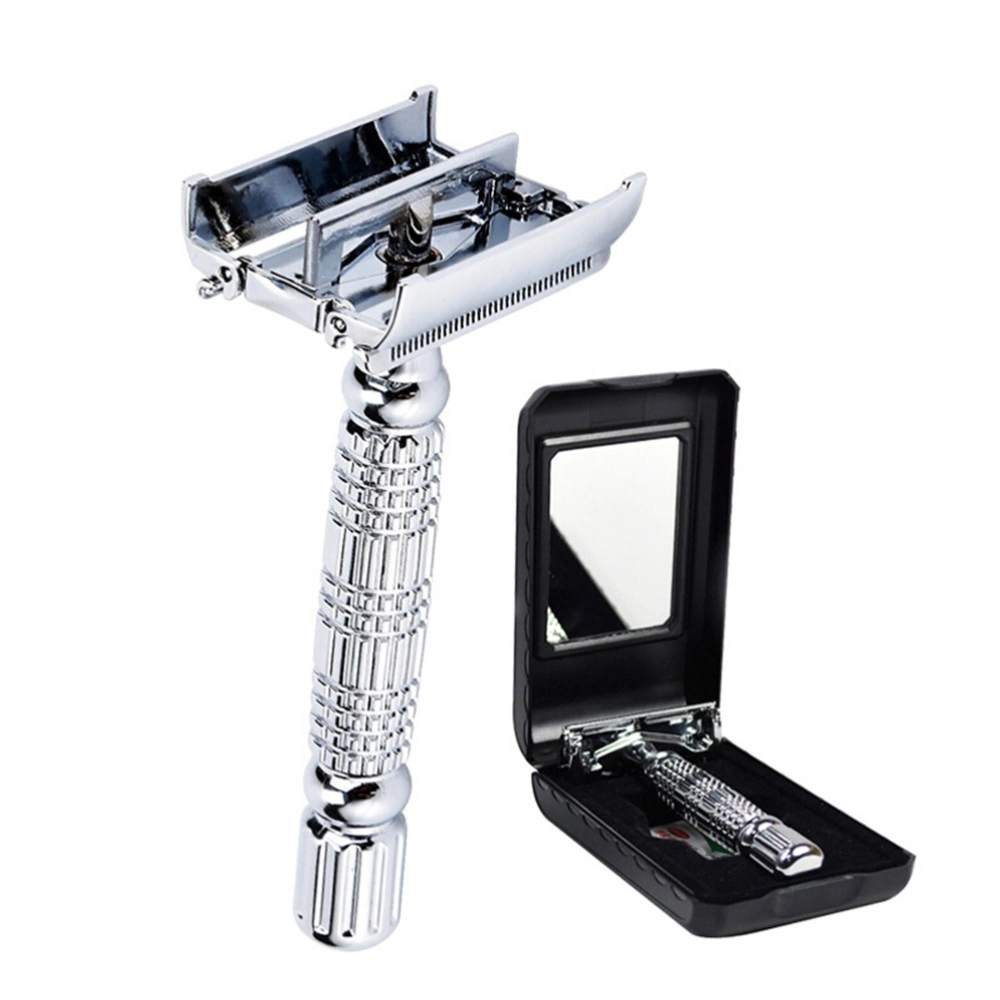 Double Safety Razor Vintage Shaver Alloy Silver Long Handle Razors Manual Shaving Razor Set (Handle And Blades)