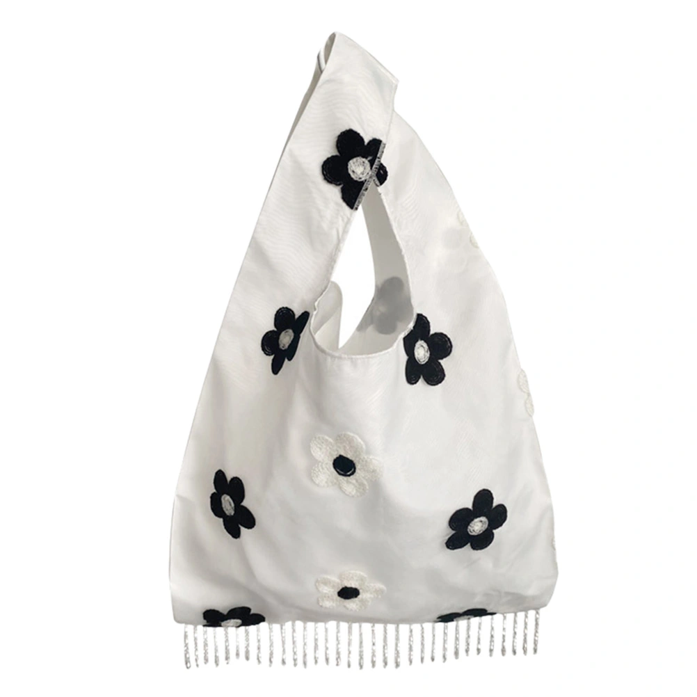 1pc Flower Decor Tassel Grenadine Shopping Bag Tote Bag for Women Girls (White)