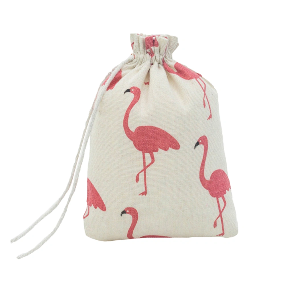 Mini Flax Storage Bag Drawstring Storage Pouch Lightweight Reusable Carrying Case Jewelry Candy Storage Bag (Red Flamingo)