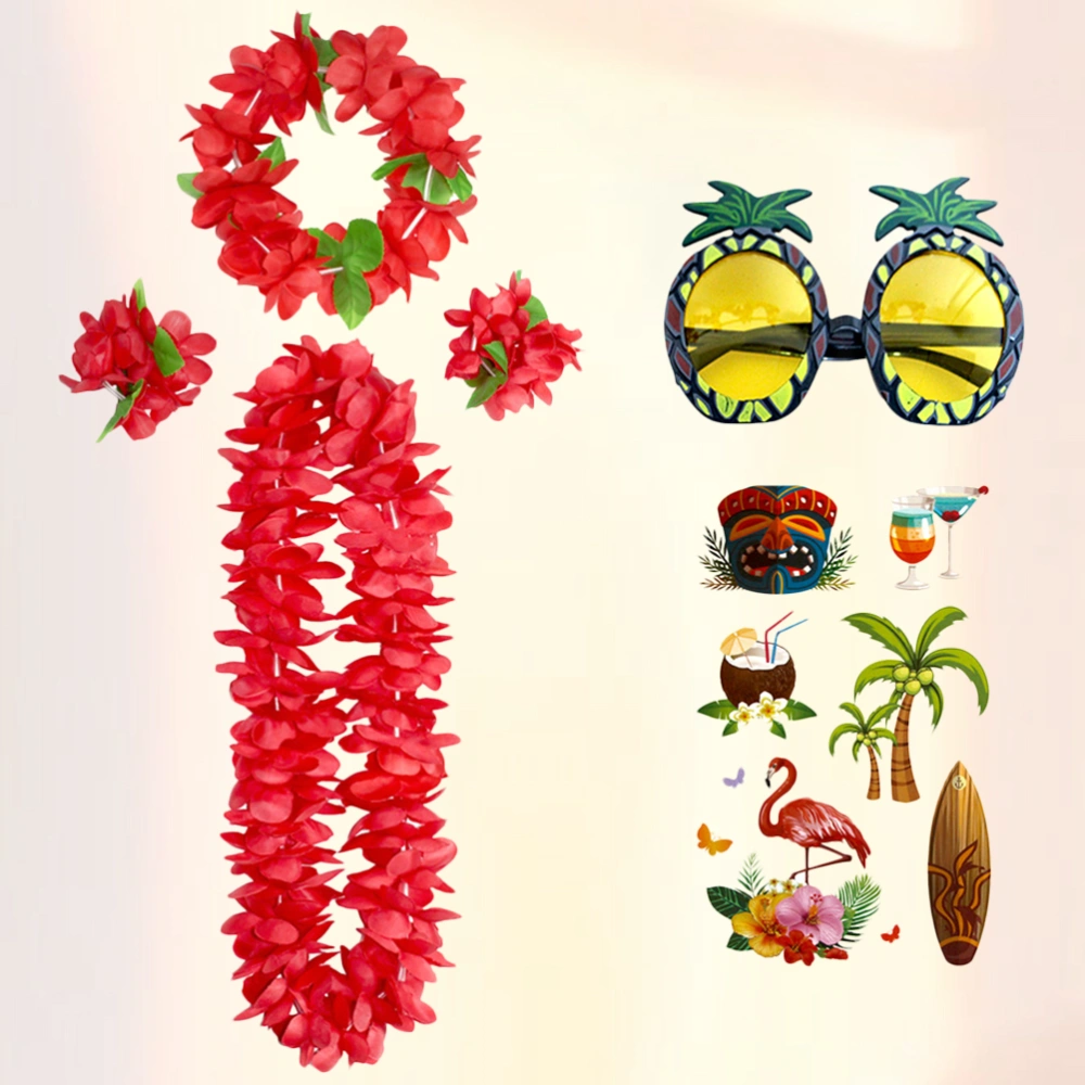 6pcs in 1 Set Red Classic Hawaiian Leis Artificial Flower Headband Lifelike Neck Loop Bracelet Set Pineapple Eyeglasses and Tattoos Stickers Set Simulate Tropical Beach Party Garland Luau Party Fancy Supplies