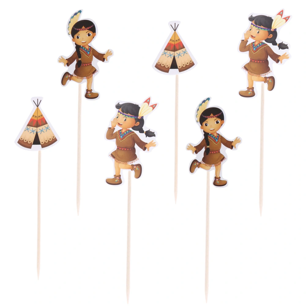 24pcs Thanksgiving Cake Topper Indian Girl Cupcake Fruit Insert Tent Cupcake Picks Party Supplies for Festival Gathering