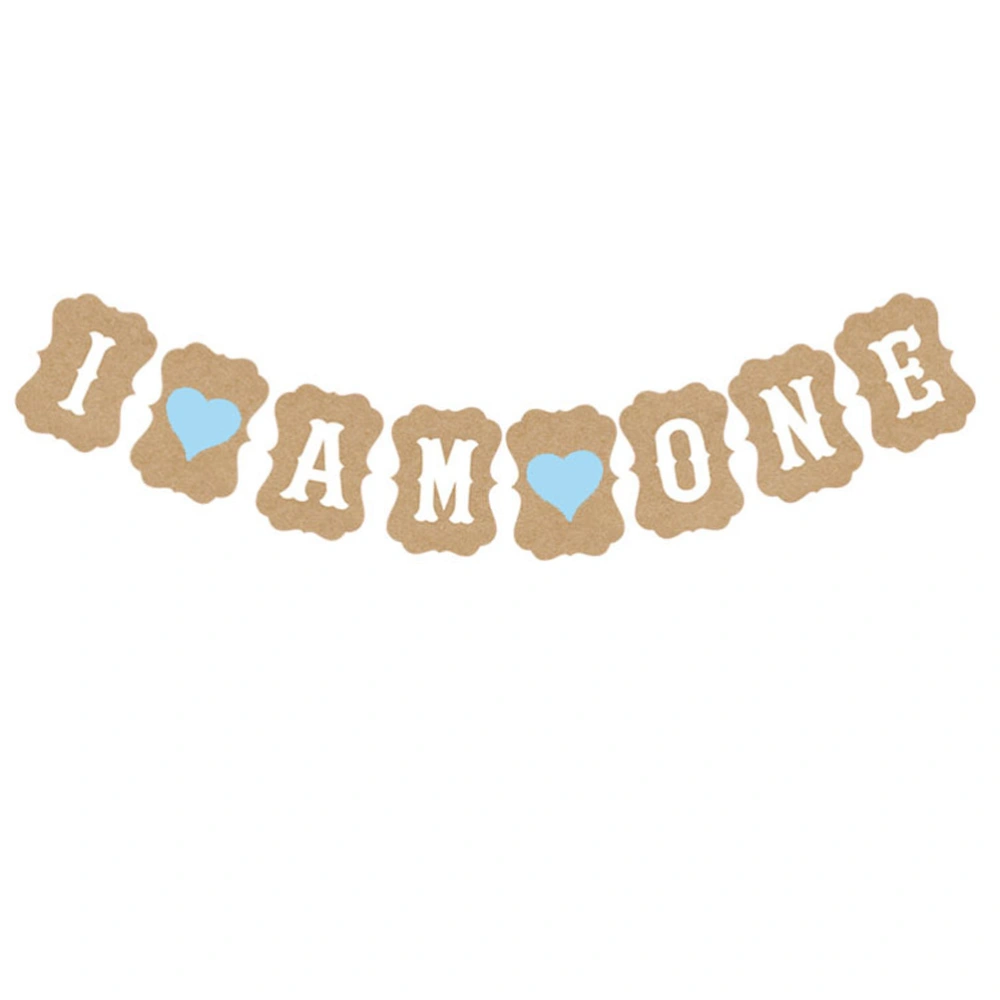 I AM ONE Birthday Banner 3M Love Heart Kraft Happy 1st Birthday Banner for Party Decoration (Brown with Blue Heart