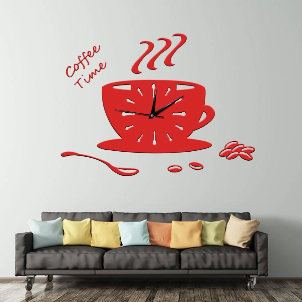 3D DIY Acrylic Wall Clock Modern Kitchen Home Decor Coffee Time Clock Cup Shape Wall Sticker Hollow Numeral Clock (Red, Random Style)