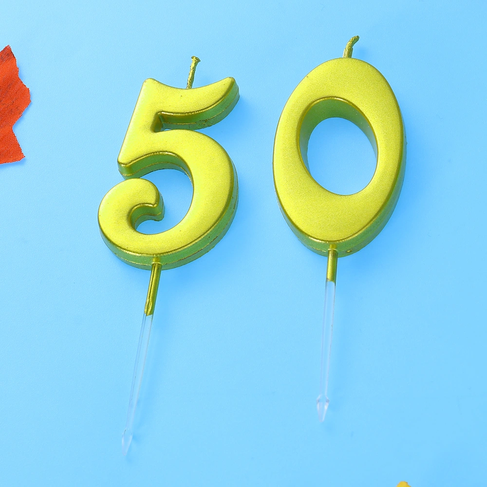 2pcs 50 Birthday Candle Number Decoration Bithday Cake Topper Candles Party Supplies (Number 5+0, Golden)