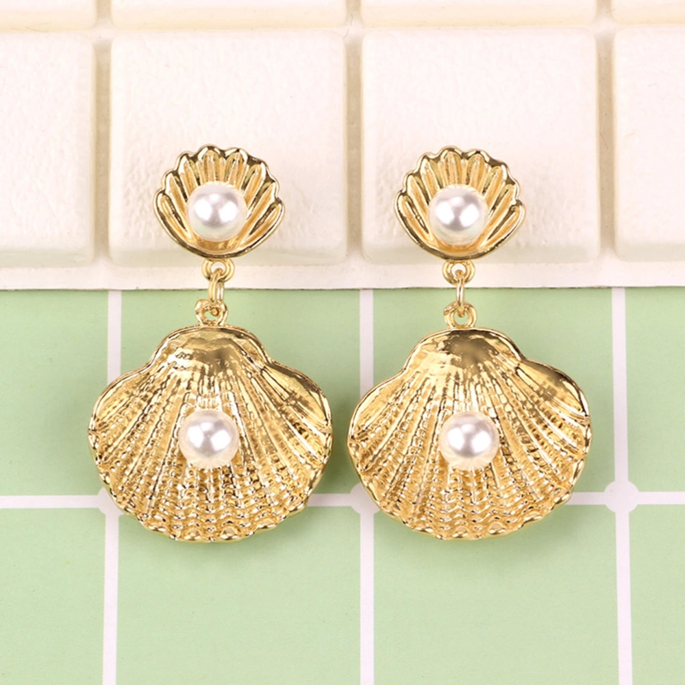 Alloy Seashell Dangle Earrings Faux Pearl Eardrop Fashion Women Earbob Jewelry Decoration (Gold)