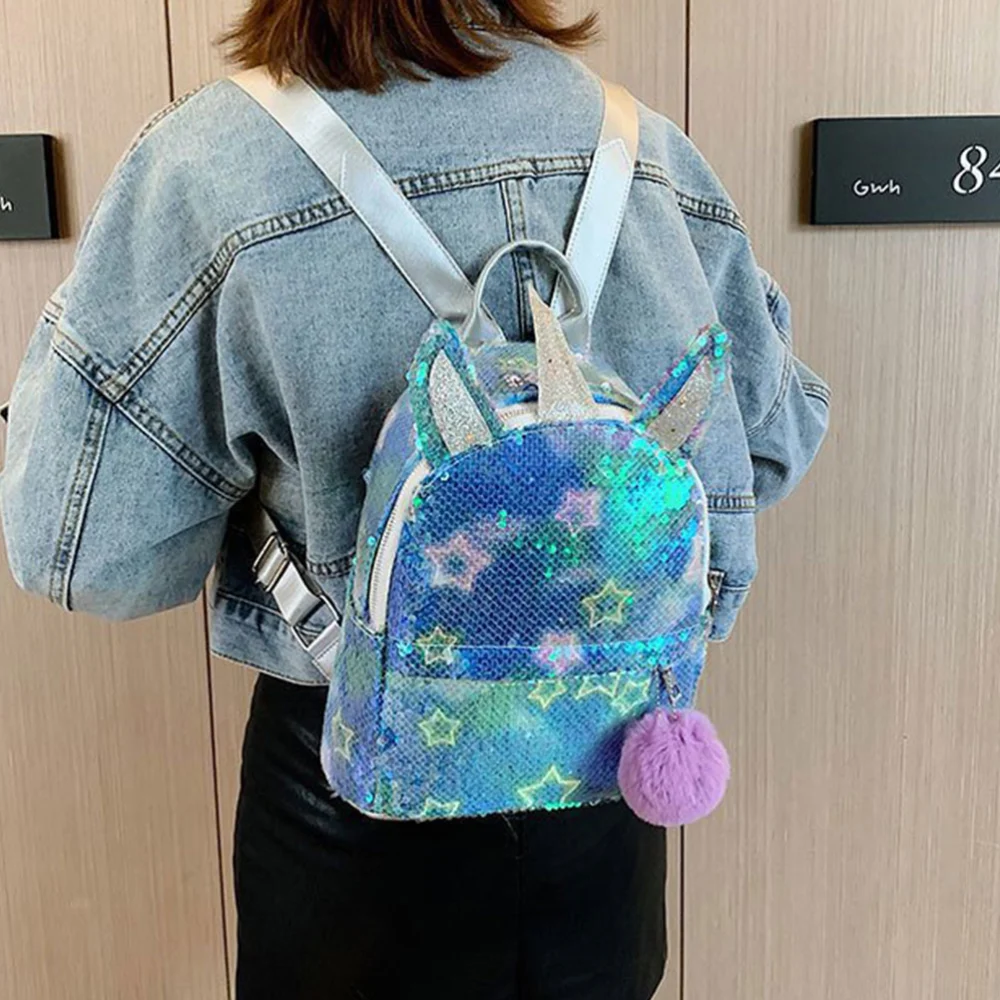 Colorful Backpack Cool Unicorn Shoulder Bag Sequin School Book Bag with Plush Ball for Kids Teens