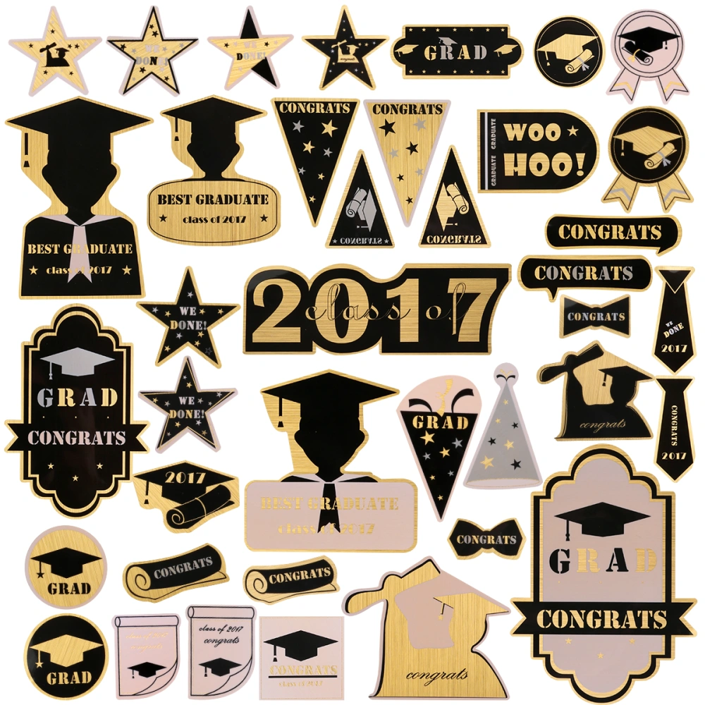 BESTOMZ 4pcs Class of 2017 Graduation Stickers Decal 40 Defferent Patterns for Wall Windown Scrapbook Album Decoration Party Supplies (Gold)