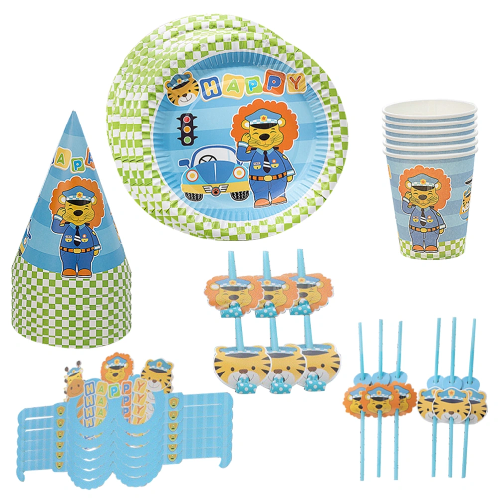 36pcs Disposable Party Dinnerware Set Napkins Paper Plates Cup Set Tiger Police Theme Tableware Birthday Party Supplies for Children Kids Gathering