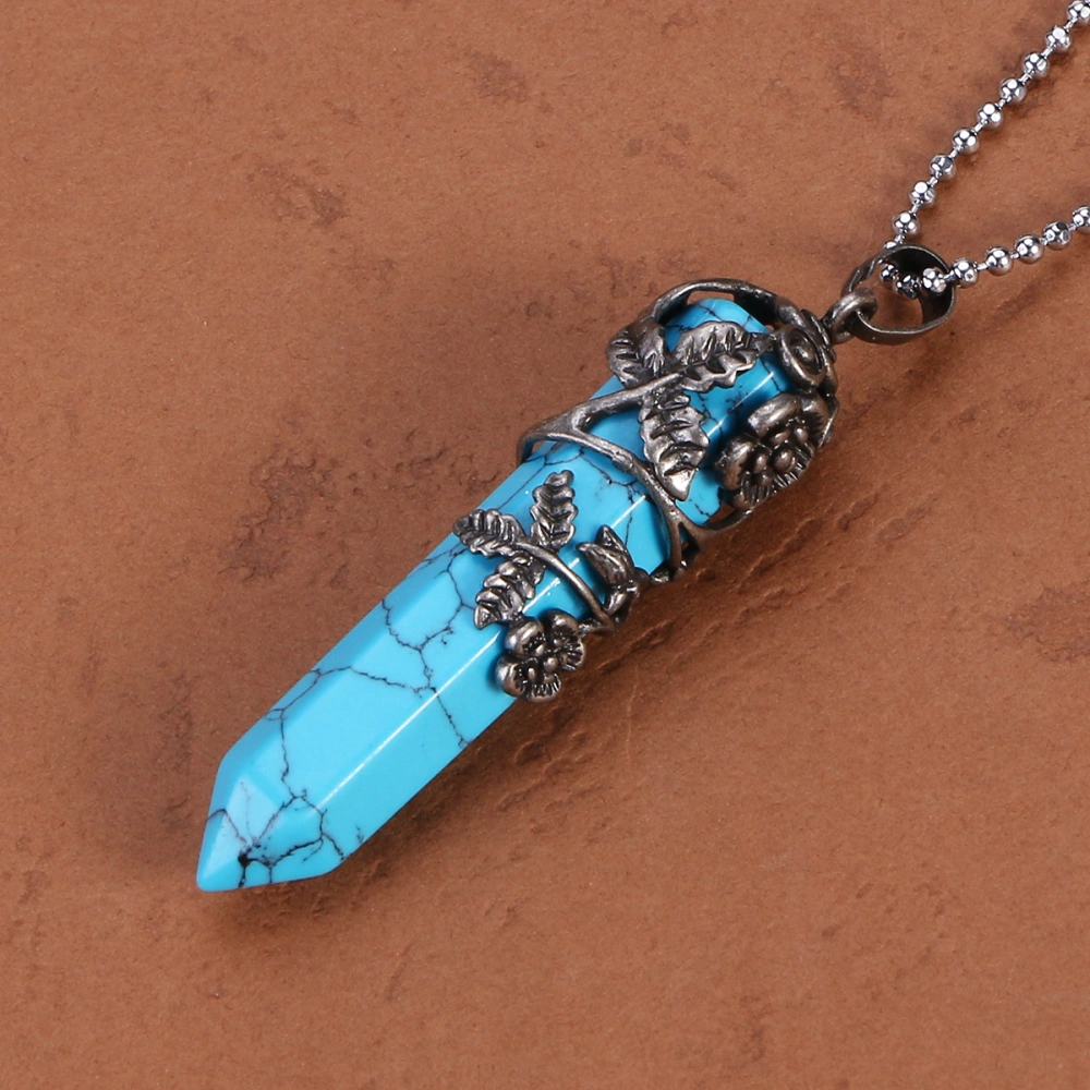 Silver Flower Wrapped Natural Blue Turquoise Healing Alloy Necklace Fashion Jewelry