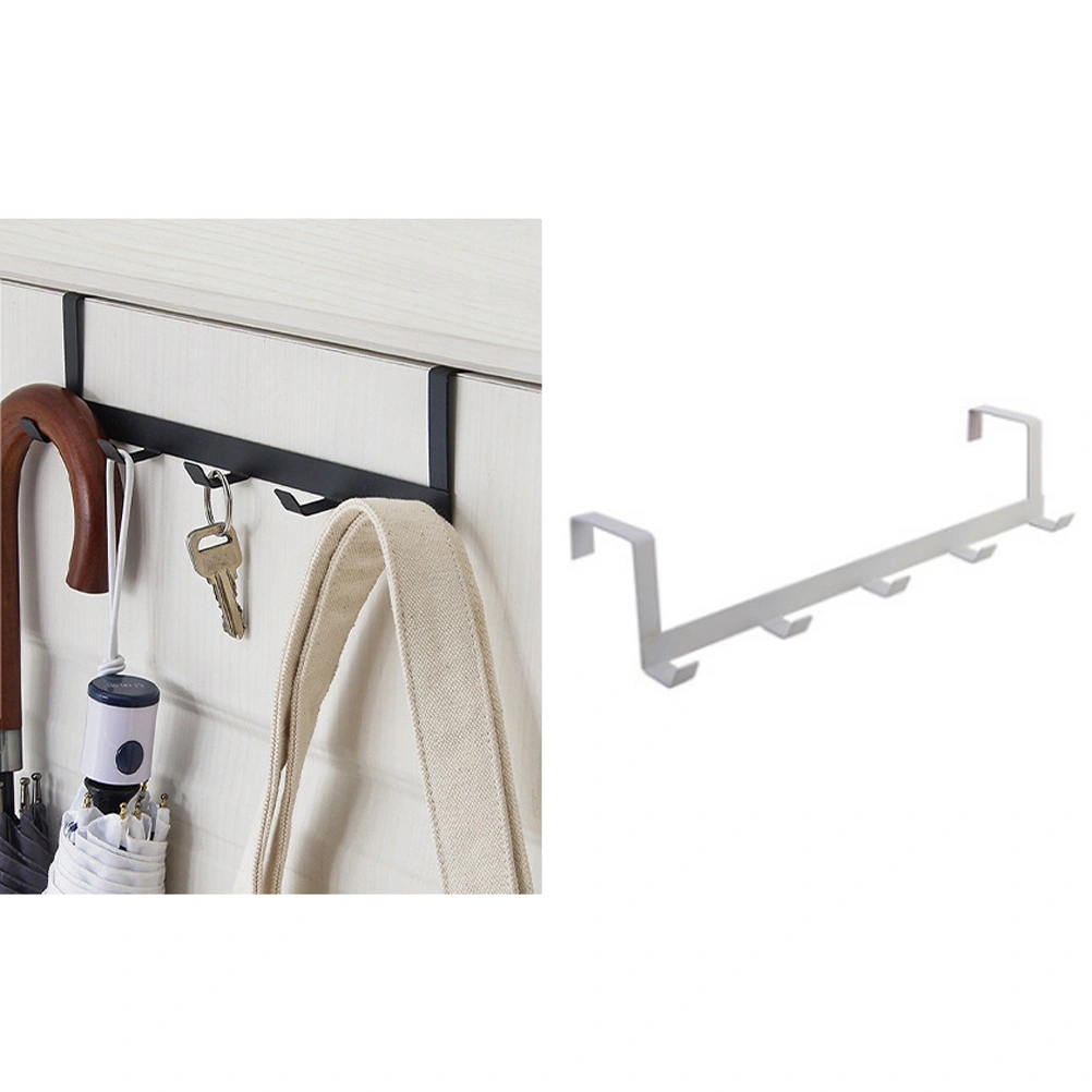 Over the Door Hook Iron Storage Organizer Rack with 5 Hooks for Clothes Coat Hat Belt Towels (White)