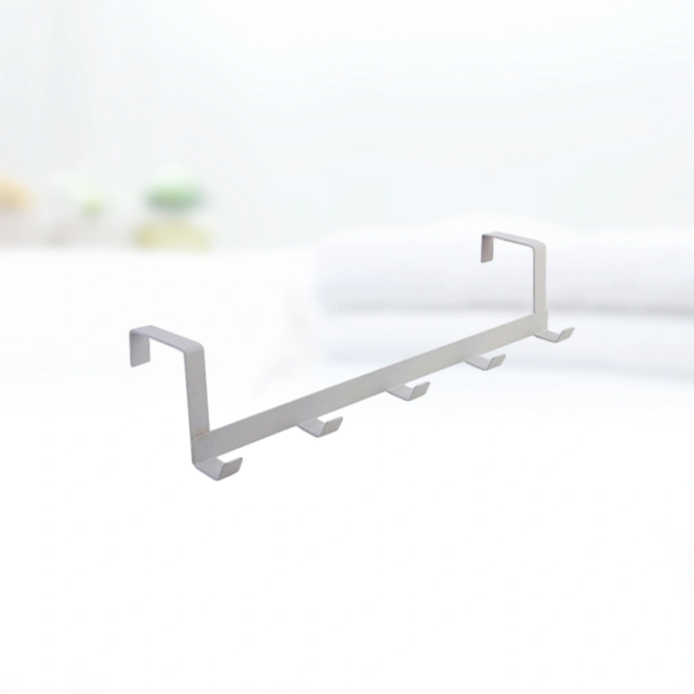 Over the Door Hook Iron Storage Organizer Rack with 5 Hooks for Clothes Coat Hat Belt Towels (White)