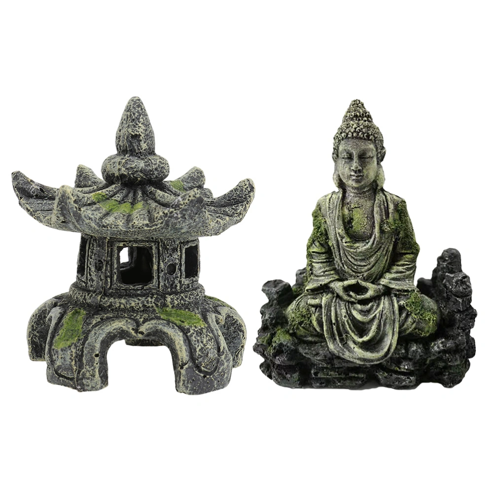 2pcs Fish Tank Landscaping Decorations Resin Antique Lighthouse Buddha Statues