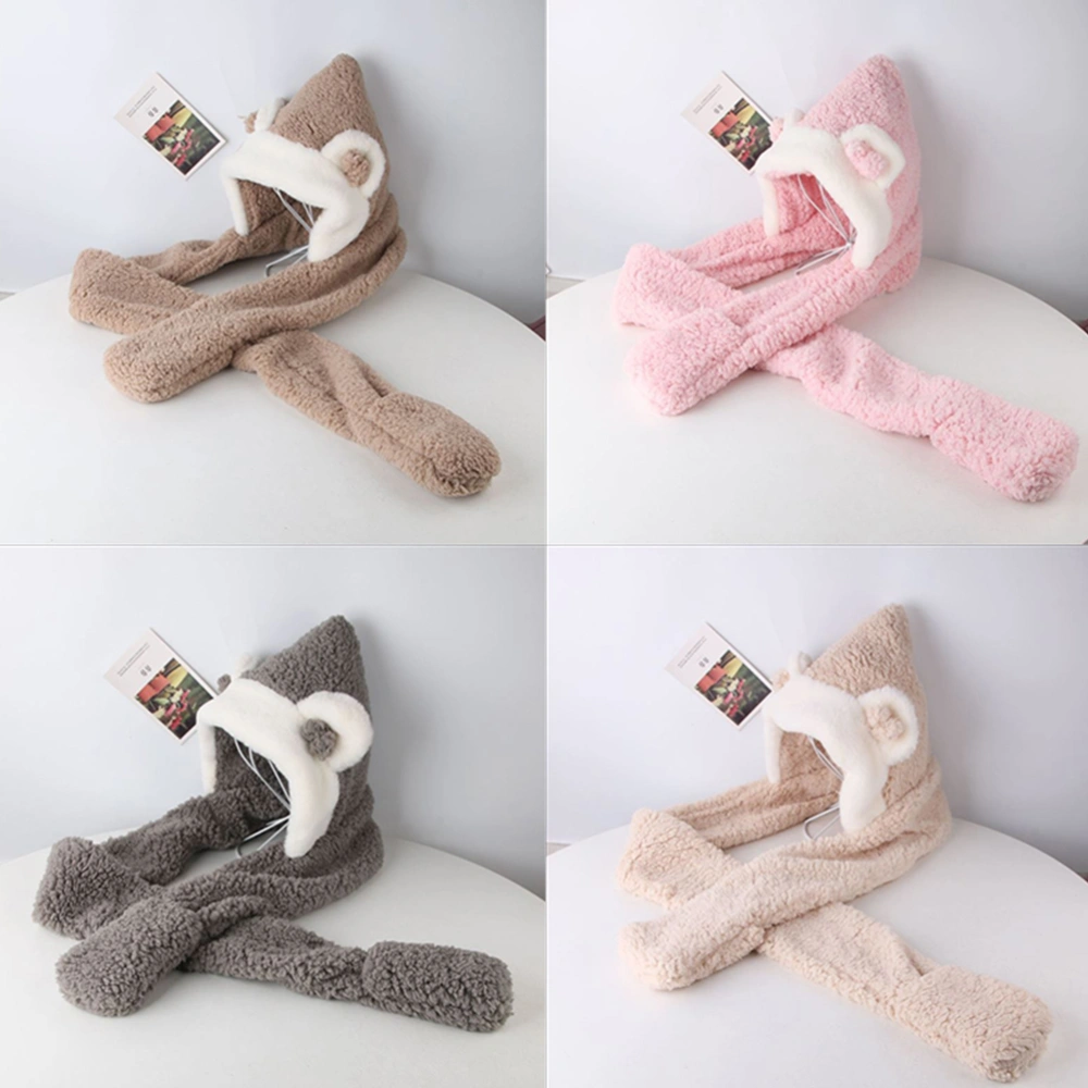 3 in 1 Autumn Women Animal Hat Earflap Scarf Glove Headgear Winter Warm Plush Hooded Mitten Scarf Set Cloth Supplies(Grey)