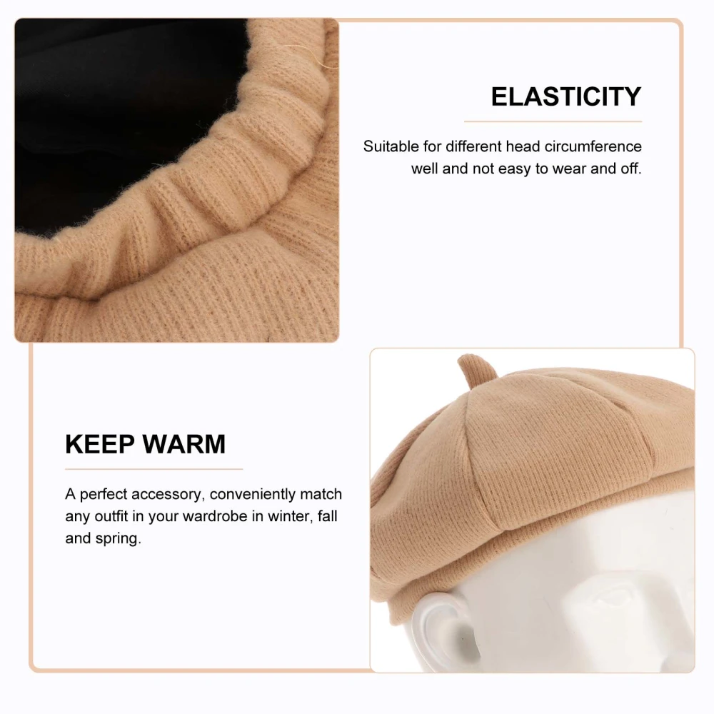 Girls Woollen Berets Solid Color Octagonal Hat Fashion Beanie Painter for Kids Children (Light Brown)