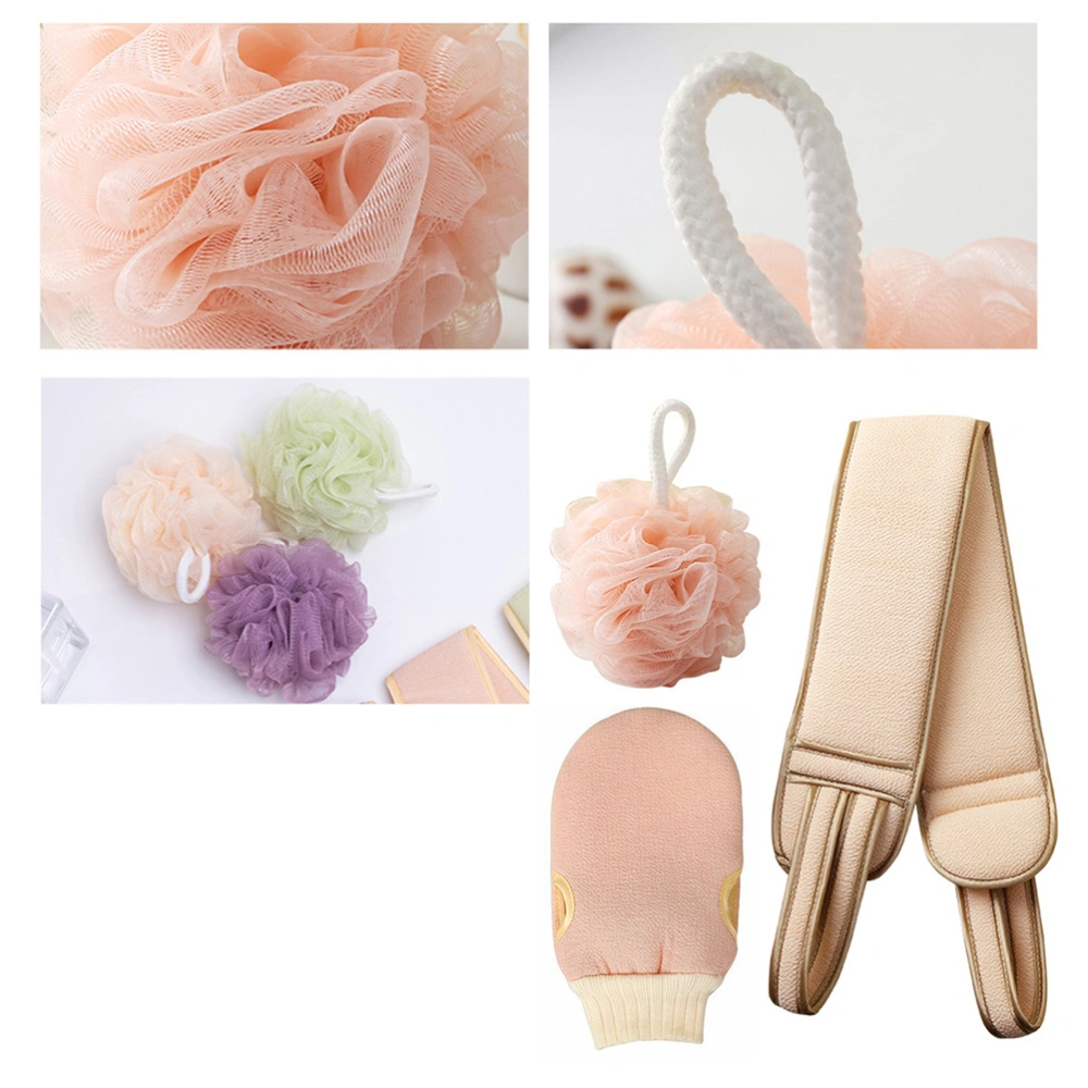 1 Set Bath Rub Back Towel Kit Bath Flower Ball Towel Kit Bath Back-pulling Strip Towel Set Frosted Bathing Towel Kit Thickening Bath Towel Supplies for Home (Rub Back Strip+Bath Ball+Bath Towel Light Pink)