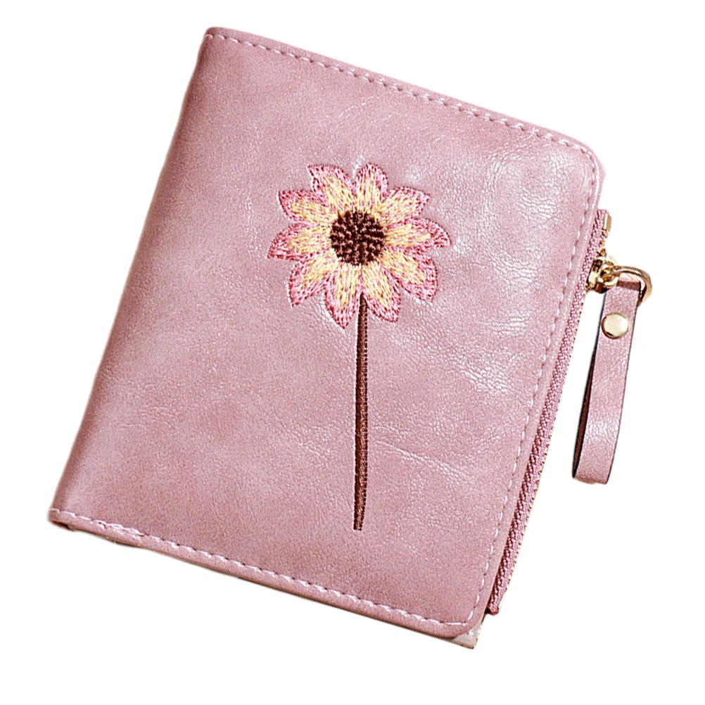 Flower Pattern Bifold Purse Female Short Multi-position Bag Zipper PU Lady Coin Purse Wallet (Pink)
