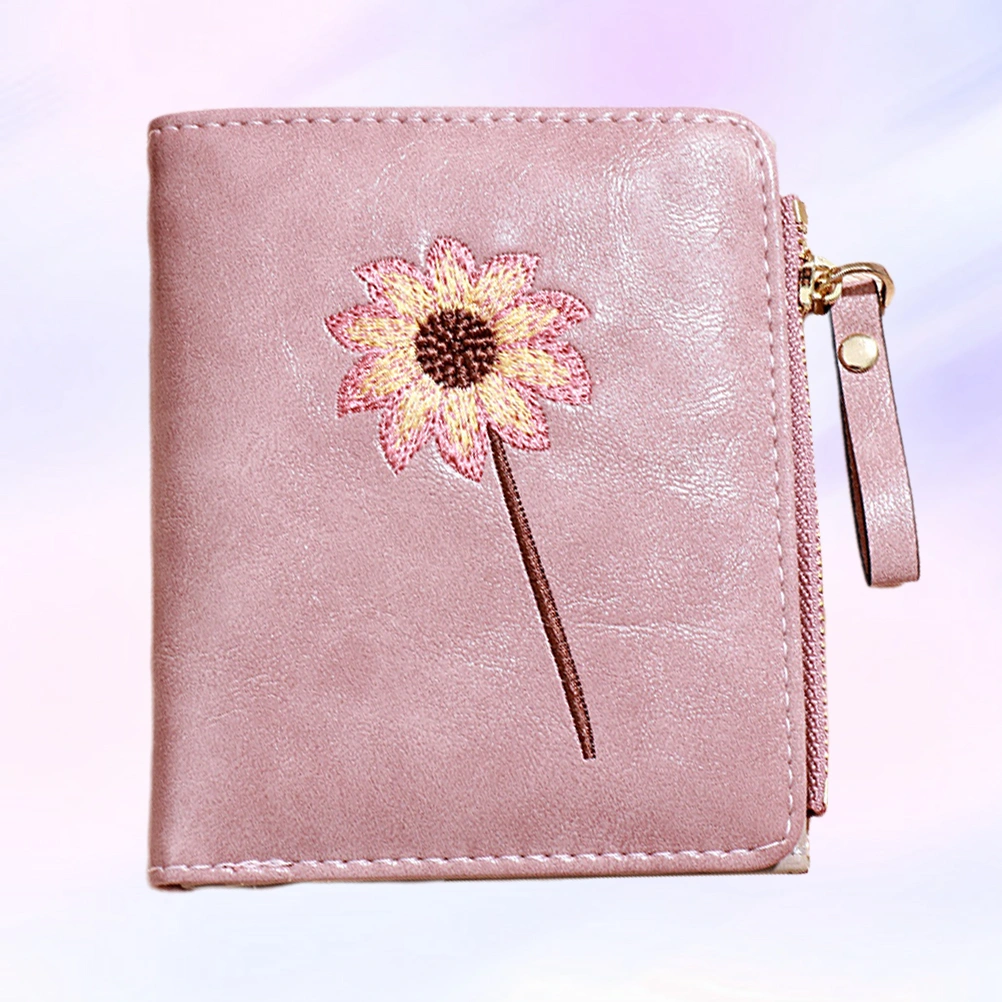 Flower Pattern Bifold Purse Female Short Multi-position Bag Zipper PU Lady Coin Purse Wallet (Pink)