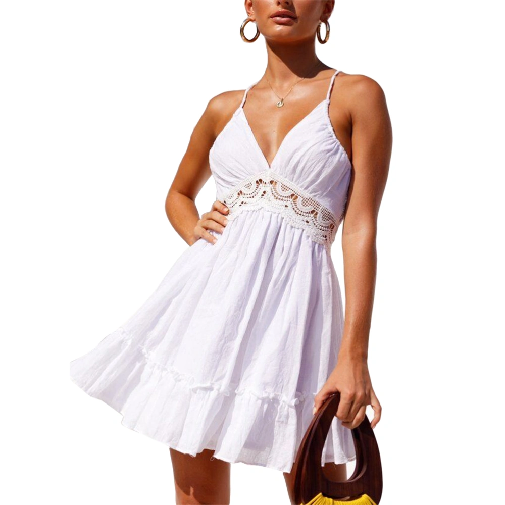 Women’ s Summer Dress Strap Sexy Halter Hollow Lace Angel Wings Beach - Size S (White)