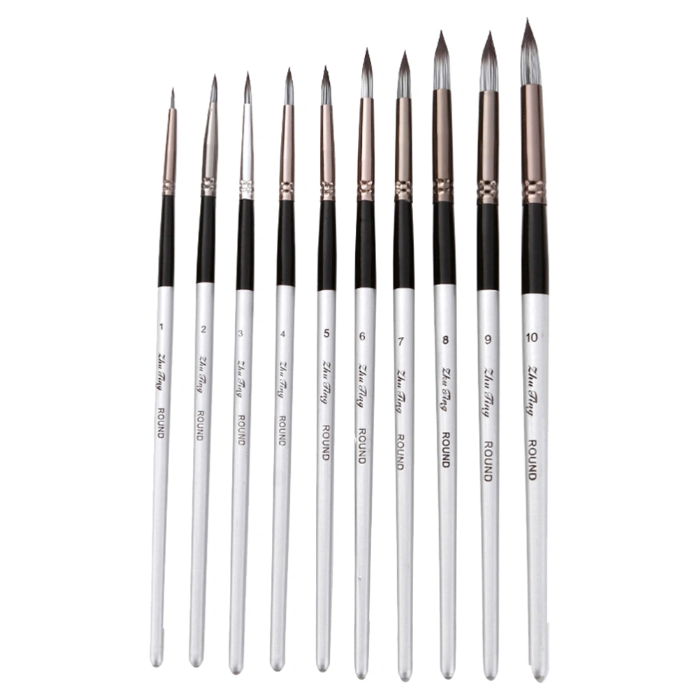 10PCS Hand Drawing Nylon Brush Set Professional Detailing Painting Pen Watercolor Oil Painting Drawing Brush (Silver)