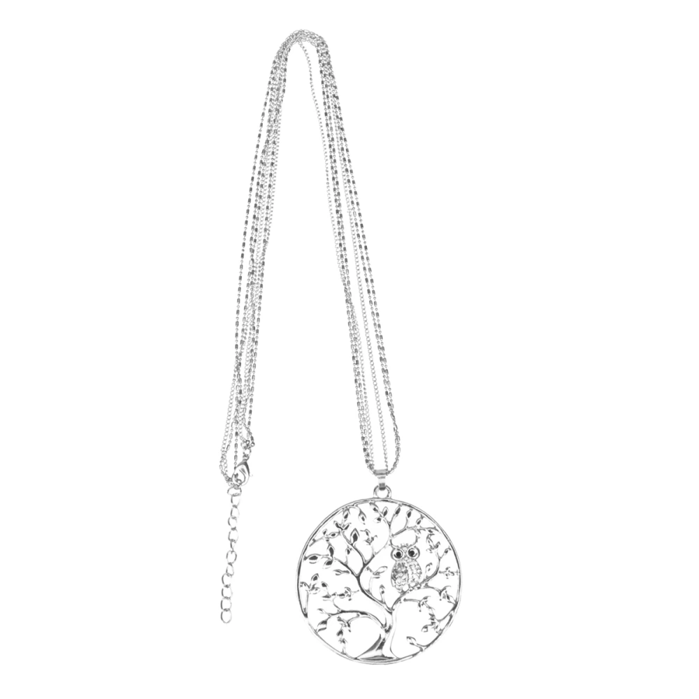 Fashion Crystal Necklace Pendant Tree Animal Owl Alloy Sweater Chain for Girls Ladies Women (Silver)