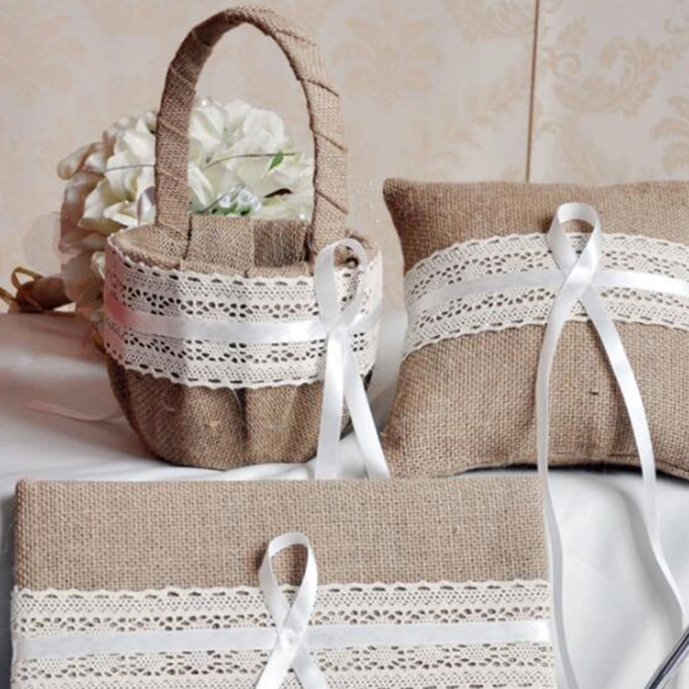 1pc Wedding Linen Lace Basket Rustic Burlap Bowknot Basket for Ceremony Engagement Party