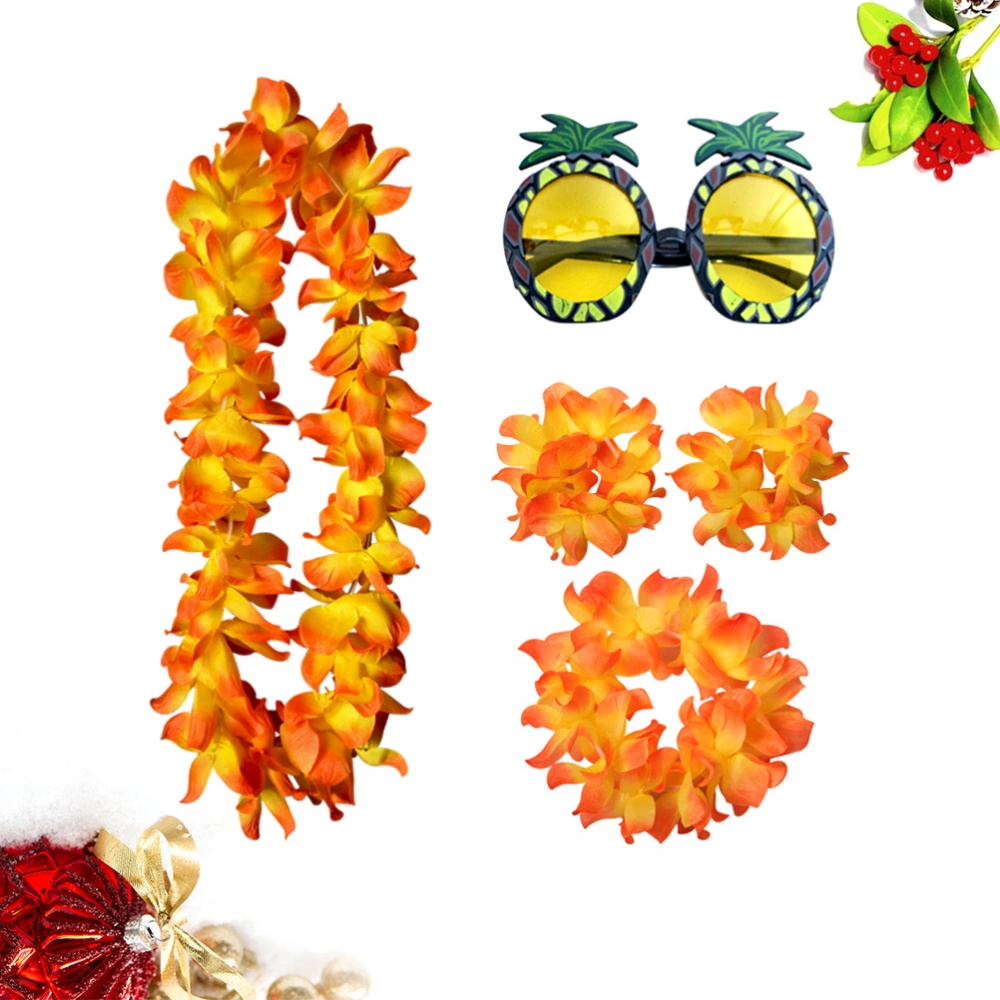 5pcs Hawaii Pineapple Eye Glasses Funny Cosplay Glasses Beautiful Garland Flower Headdress Bracelet (Orange Sets, Pineapple Eyeglasses)