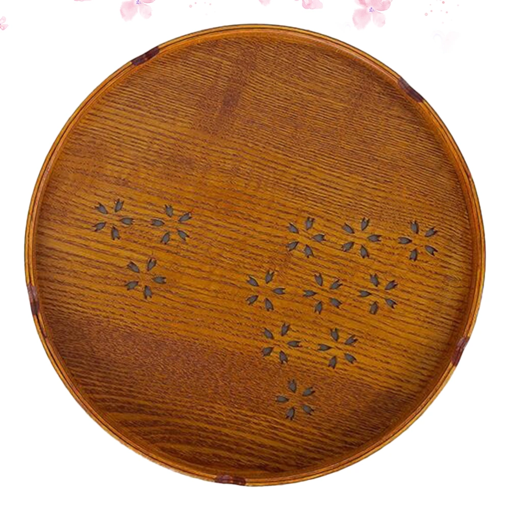 1Pc Round Fruit Tray Wooden Sakura Design Hollow-Out Tray Teaboard Snack Tray Storage Tray (27cm, Wood Color)