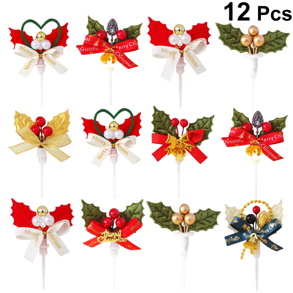 12PCS Christmas Cake Picks Ornaments 3D Christmas Tree Wreath with Bowknot Cupcake Toppers Decoration for Party (Random Pattern)