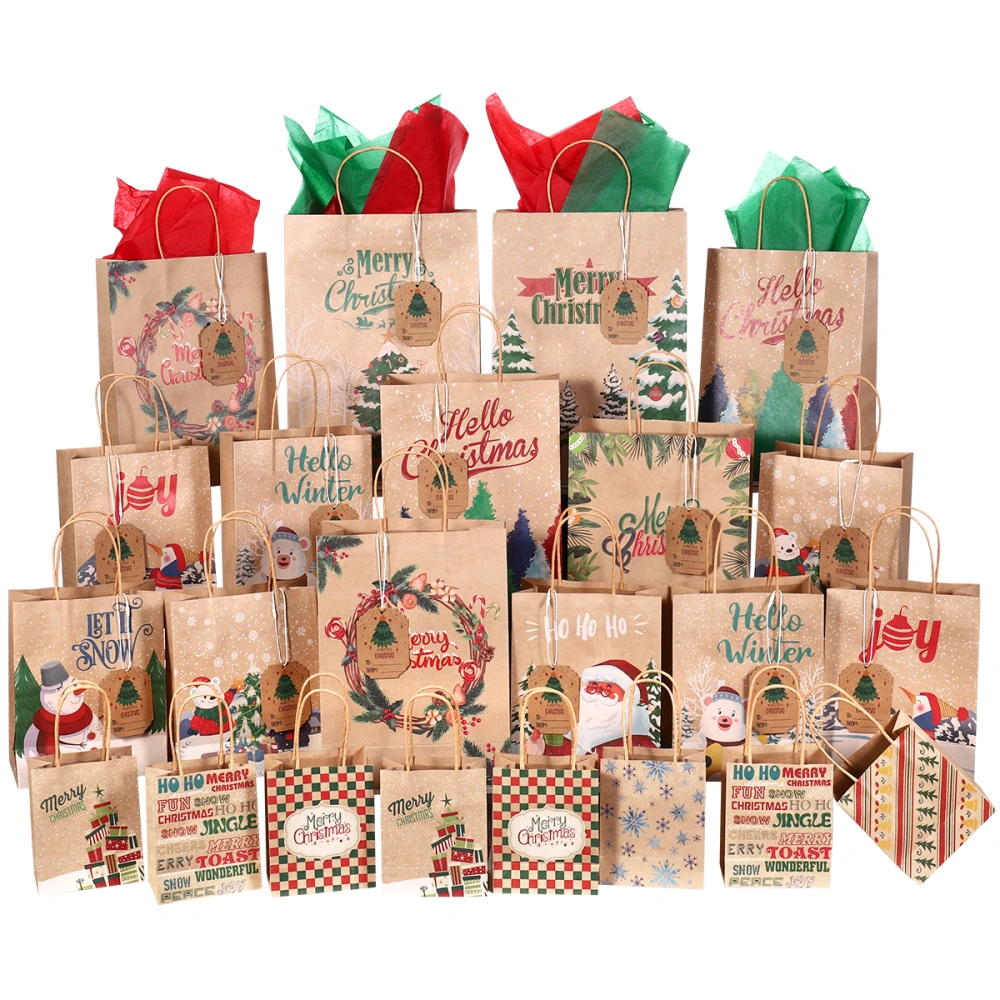 UNOMOR 28pcs Christmas Gift Bags Paper Treat Bags Kraft Goodies Holiday Party Favors Supplies with 28pcs Tissue Paper 28pcs Hanging Tags