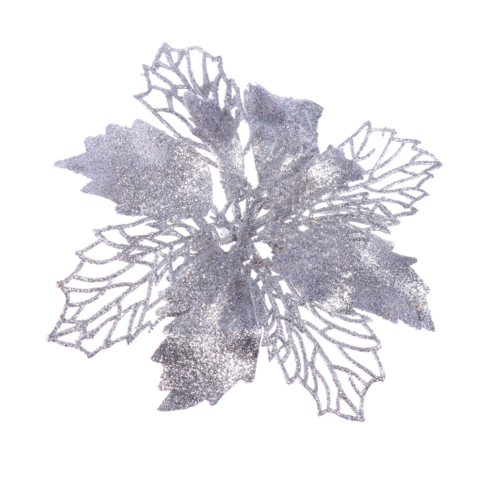 Silver Christmas Tree Decorative Flower Glitter Simulate Flower Ornaments Hollow Out Delicate Flowers