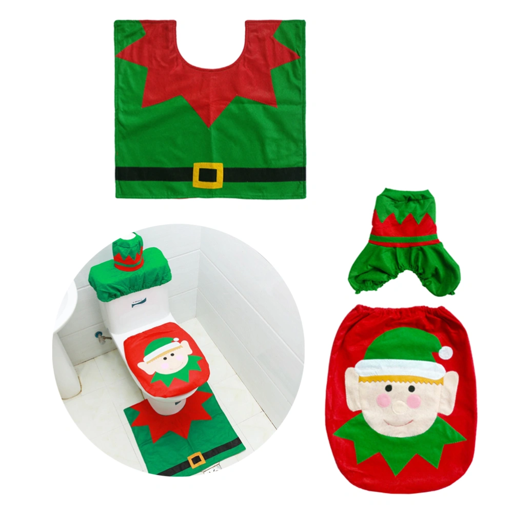 3 Pcs Christmas Toilet Seat Cover and Rug Set Household Elf Patterned Toilet Lid Cover Bathroom Toilet Mat for Xmas Bathroom Toilet