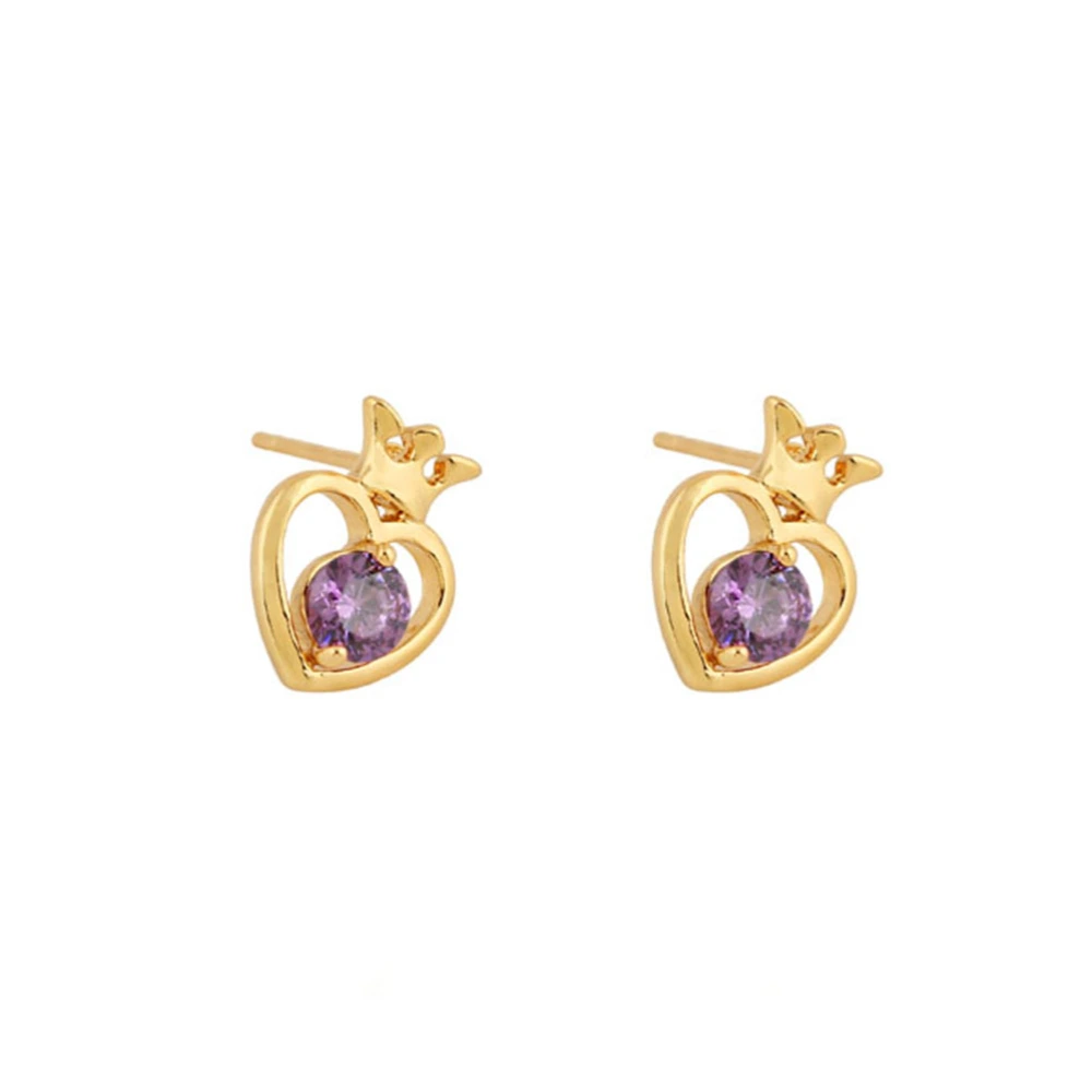 Pair of Women's Girls Heart Style Zircon Eardrop Earrings Ear Studs (Purple)