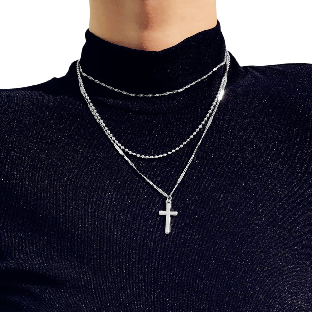 Multi-Layers Necklace Cross Shaped Neck Pendant Alloy Neck Chain Fashion Neck Jewelry Silver