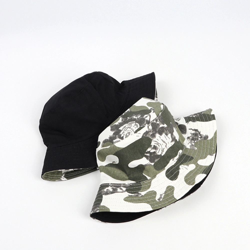 1pc Fashion Camo Bucket Hat Cotton Fisherman Hat Foldable Leisure Sun Protection Double-sided Wear Unisex Hat (White + Green)