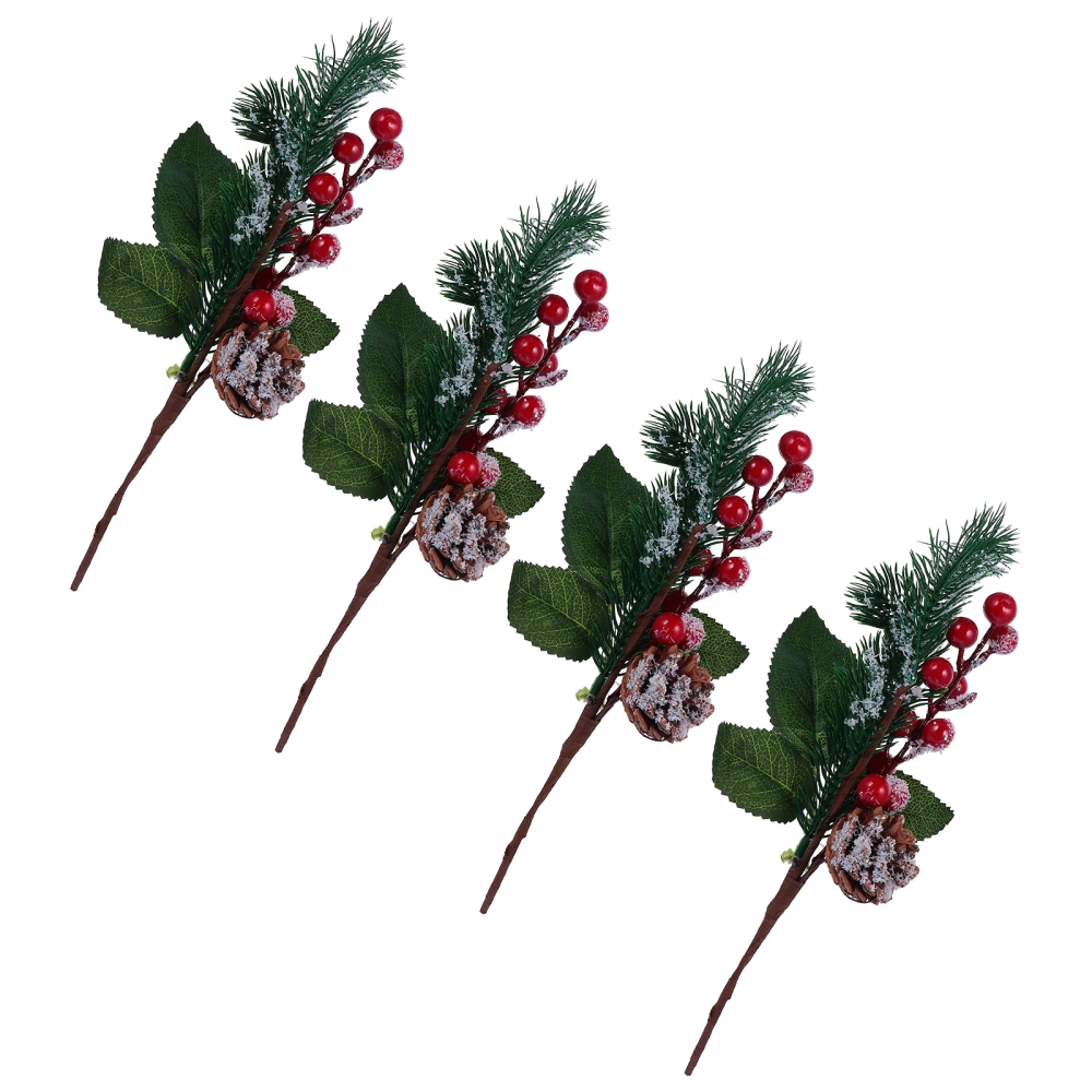 4PCS Christmas Snowy Berry Stems Holly Berry Pine Cone Home Winter Decoration