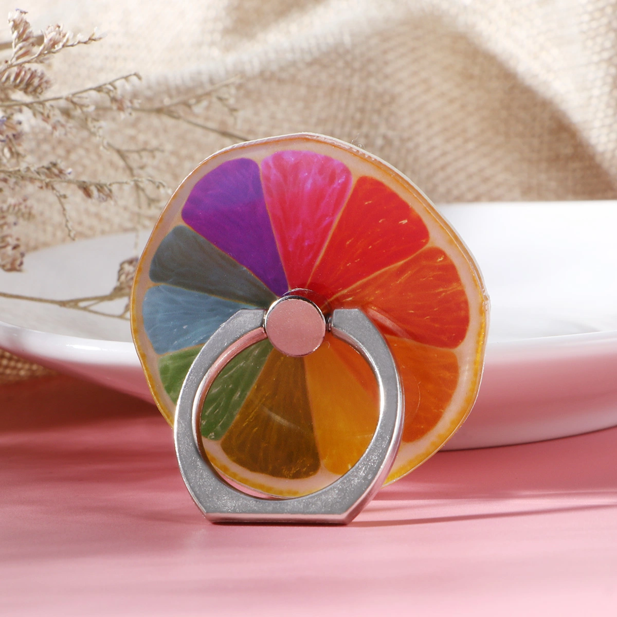 2 Pcs Fashion Fruit Phone Ring Stand Universal Smartphone Ring Grip Car Mounts for All Phones (Colorful Lemon and  Pink Lemon)
