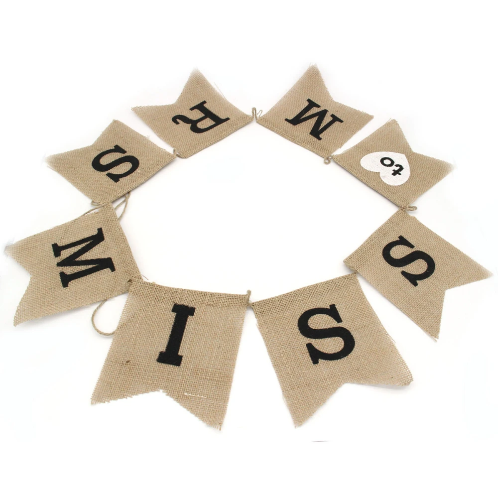 8PCS MISS & MRS Burlap Banner Wedding Party Decoration Bunting (Brown)