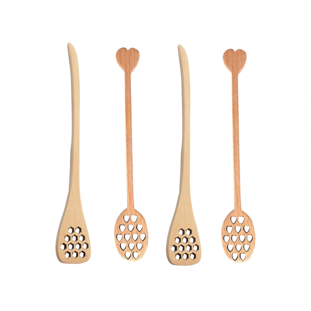 4PCS Wooden Heart-shaped And Drop-shaped Honey Stirring Spoon Honeycomb Hollow Carving Mixing Stick