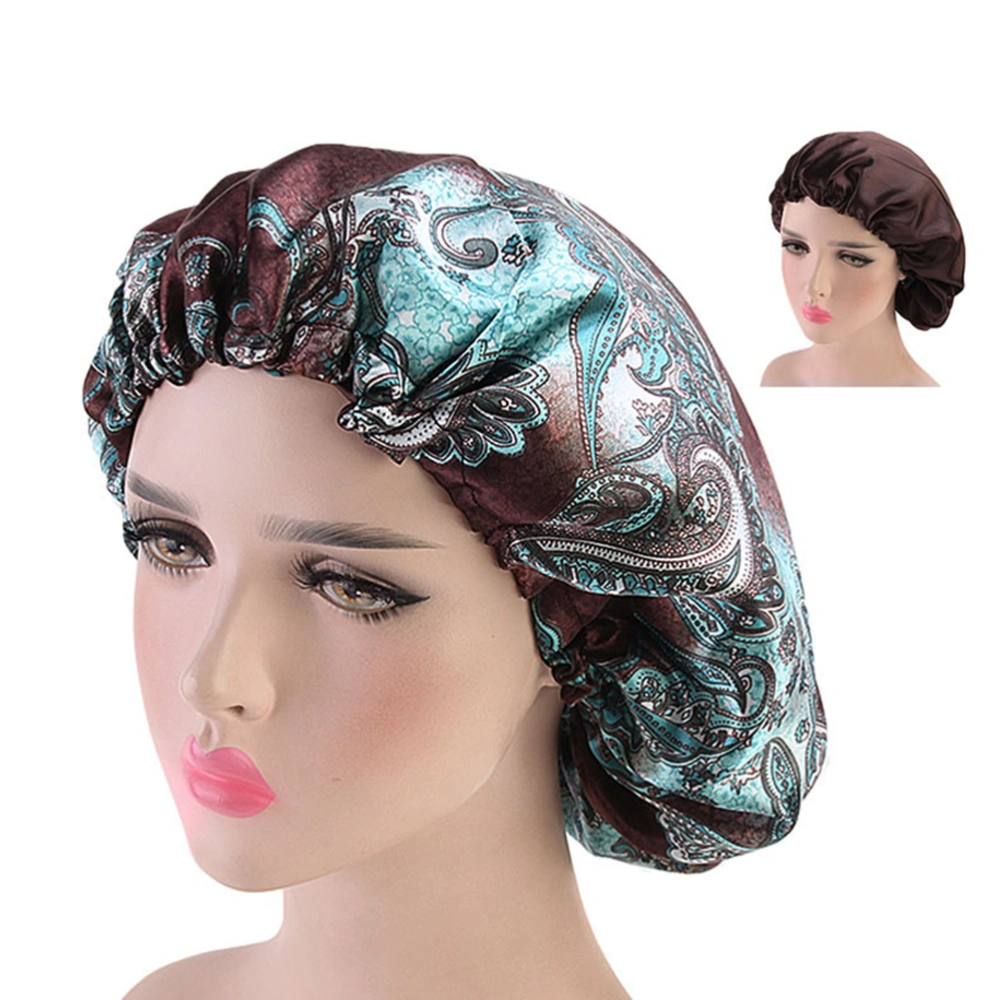 2pcs Colorful Printing Hat Satin Sleeping Hat Lace Double Layer Head Wrap Nightcap Hair Protector for Women (Red Flower, Green Printing, 1pc for Each Pattern)