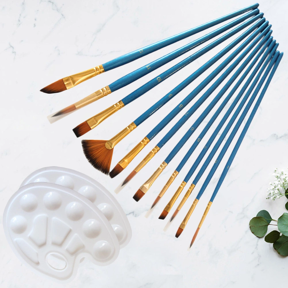 14pcs Painting Tool Nylon Paintbrush Artist Paint Brush Color Mixing (12pcs Paintbrushes, 2pcs Palettes)