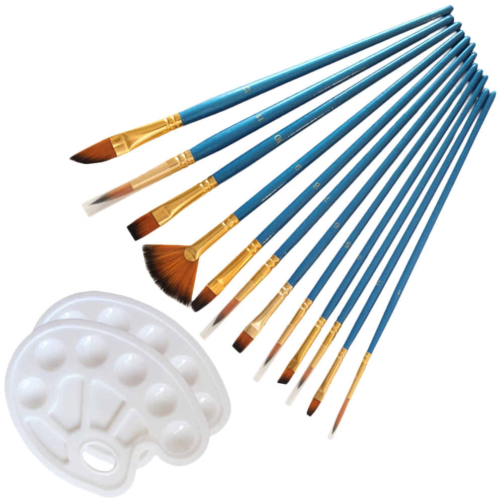 14pcs Painting Tool Nylon Paintbrush Artist Paint Brush Color Mixing (12pcs Paintbrushes, 2pcs Palettes)