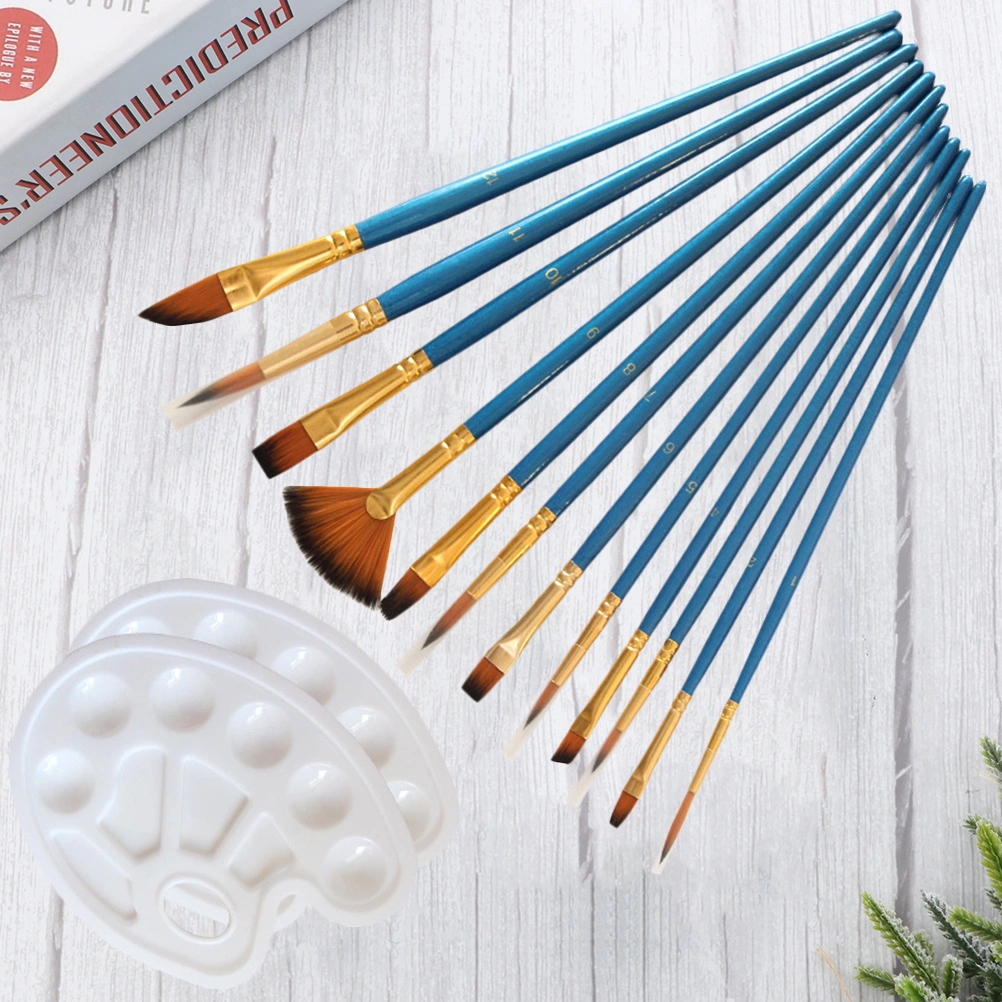 14pcs Painting Tool Nylon Paintbrush Artist Paint Brush Color Mixing (12pcs Paintbrushes, 2pcs Palettes)