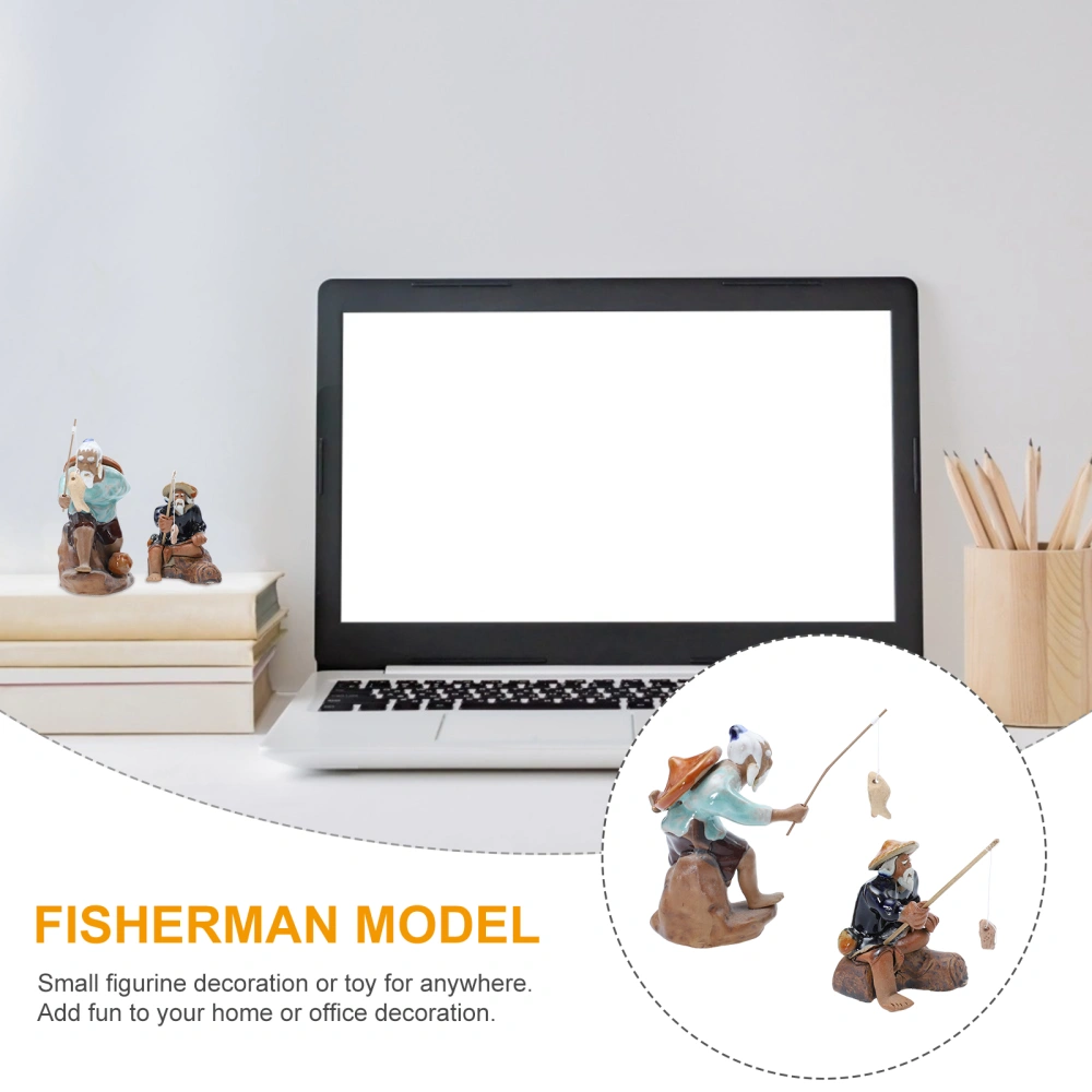 2pcs Ceramic Old Fisherman Ornaments Miniature Fisherman Fishing Model