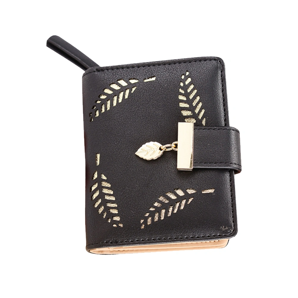 1PC Women's Mini Wallet Zipper Wallet Buckle Hollow Leaf Small Wallet Coin Purse (Black)