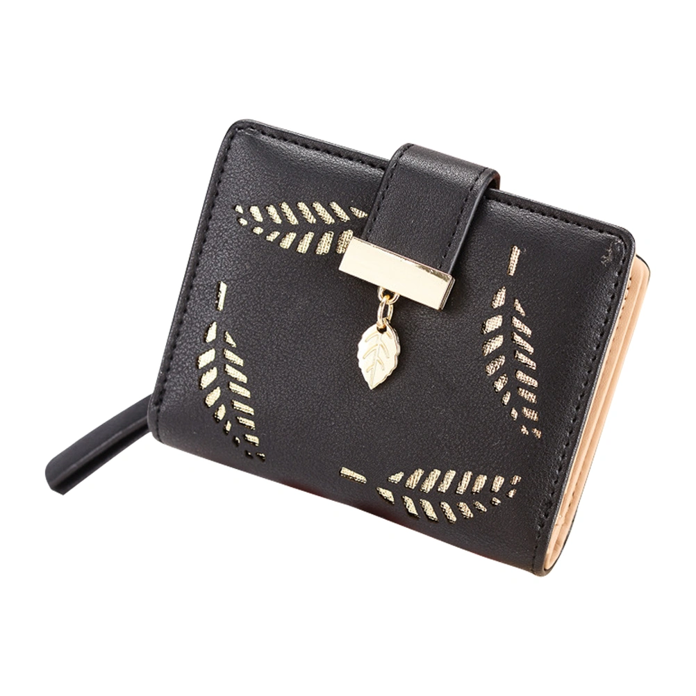 1PC Women's Mini Wallet Zipper Wallet Buckle Hollow Leaf Small Wallet Coin Purse (Black)