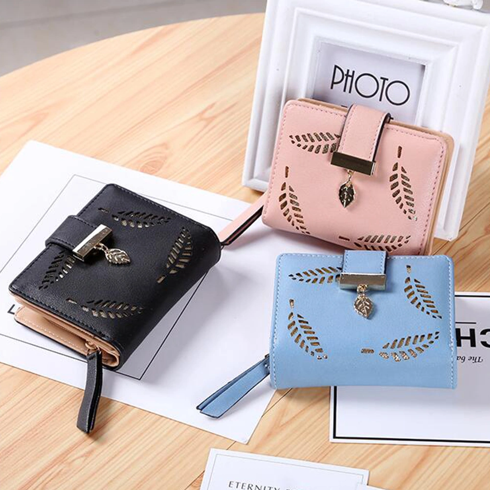 1PC Women's Mini Wallet Zipper Wallet Buckle Hollow Leaf Small Wallet Coin Purse (Black)