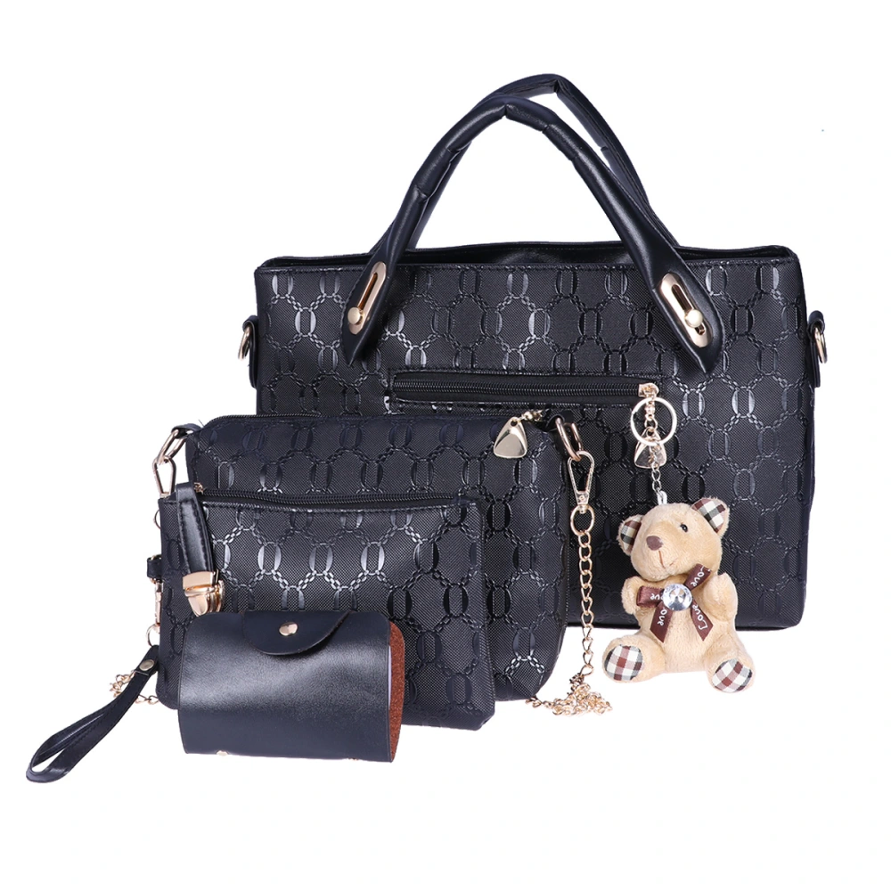 4Pcs Women Bags Set Luxury Elegant Bear Hanging Charms PU Handbag Shoulder Bag Tote Purse Messenger Bags (Black)