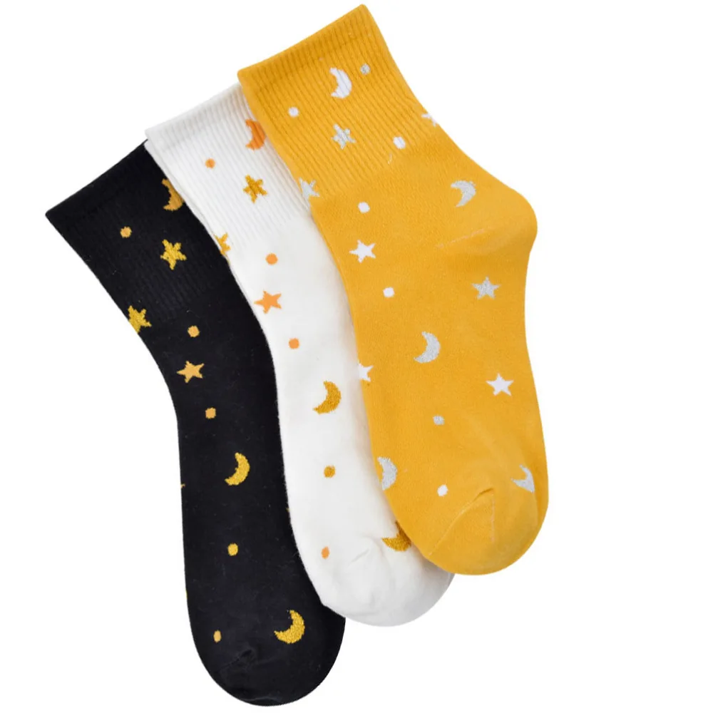 3Pairs Breathable Mid-calf Length Socks Moon Star Stockings Clothing Accessories