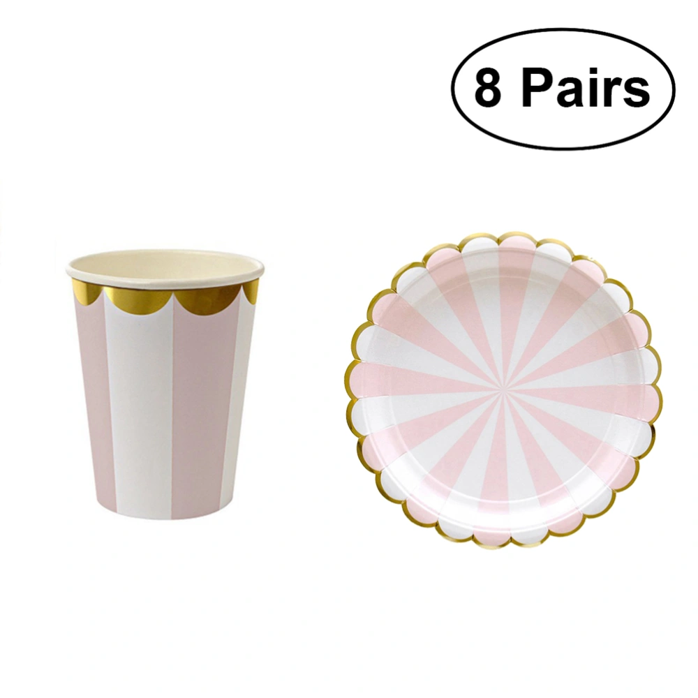 16Pcs Disposable Paper Dinner Plates Cups Set Wedding Birthday Party Supplies (Pink)